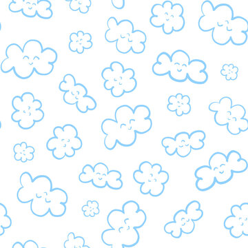 Smiling clouds surface pattern design. Print design for kids textiles, wallpaper, clothes.