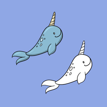 cute blue narwhal cartoon style clip art preview