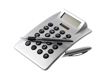 electronic desktop calculator and ballpoint pen isolated with transparent background - obrazy, fototapety, plakaty
