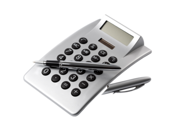 electronic desktop calculator and ballpoint pen isolated with transparent background
