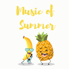 Vector illustration of funny characters, cartoon, banana in sunglasses plays ukulele, guitar, pineapple laughs, has fun. The inscription music of summer.
