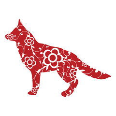 Hand drawn red dog with flowers and leaves ornaments, paper cut art style pattern vector isolated on white background. Chinese lunar new year. Year of the Dog animal zodiac sign.