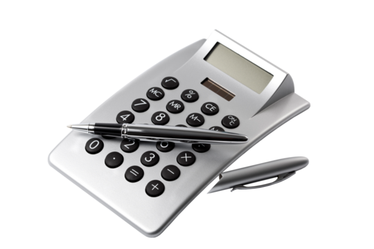 electronic desktop calculator and ballpoint pen isolated with transparent background