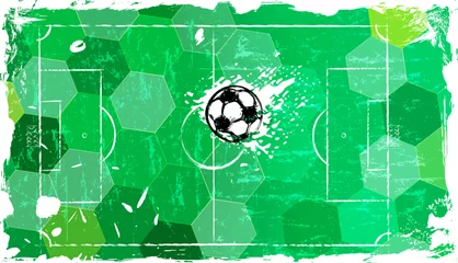 Poster abstact background with soccer ball, soccer field, football, grungy frame, paint strokes and splashes, free copy space © Kirsten Hinte