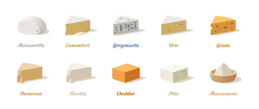 Set of different cheese. Simple 3d cheeses on white background. Vector illustration