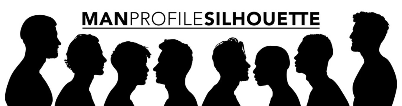 Set of silhouette. Black people on white background. Profile men heads. Vector illustration