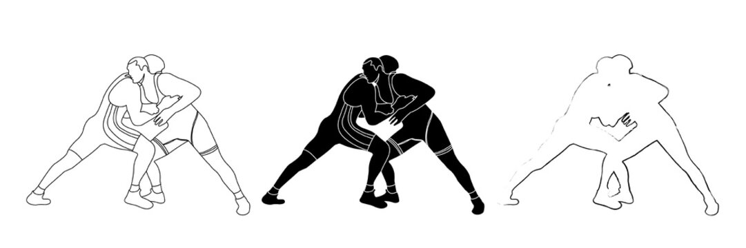 Outline sketch black and white silhouette of a wrestler athlete in wrestling, holding, grappling. Doodle black and white line drawing.