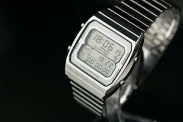 digital watch silver vintage retro wristwatch 70s 80s isolated alarm multifunctional chronograph...