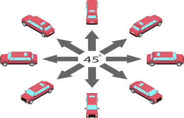 Rotation of pink limousine by 45 degrees. Car stretch in different angles in isometric view.