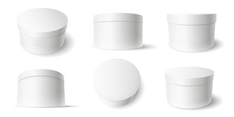 Set of realistic white round package box for products, isolated on white background, vector illustration. EPS 10