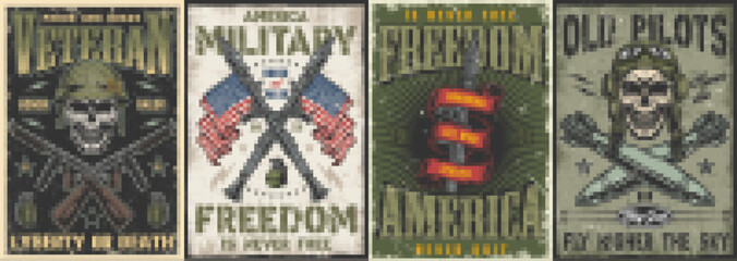 Military set vintage colorful posters