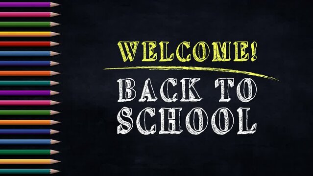 Welcome Back to school Background. A set of colored pencils on a black chalkboard background. Children's animation for education advertising or business concept. Retractable pencils