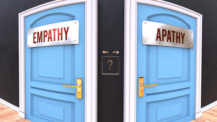 Empathy or Apathy - a choice. Two options to choose from represented by doors leading to different outcomes. Symbolizes decision to pick up either Empathy or Apathy.,3d illustration
