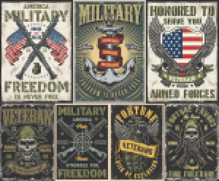 Military set colorful vintage flyers