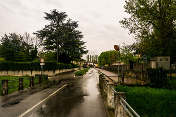 Fototapeta na wymiar View of a street of Meolo town, Veneto, Italy, and trees along the street.