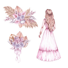 Watercolor wedding set bride back in dresses and bouquets in boho style
