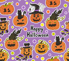 Seamless pattern with Jack o lanterns pumpkins and Happy Halloween lettering on purple background. Hand drawn colorful illustration in doodle style. Perfect wrap for 20 oz tumblers.
