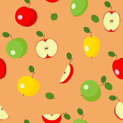 Seamless pattern with yellow, green and red apples with leaves isolated on a colored background. Vector pattern with apples for textile design, packaging, gift wrapping.