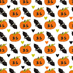 Halloween seamless pattern with pumpkins,  bats and hearts on white background. Hand drawn vector colorful illustration in doodle style