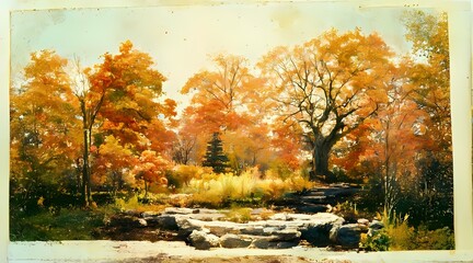 Fototapeta na wymiar autumn yellow trees natural landscape hand painted wit 