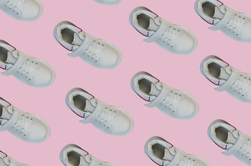 white sports and casual shoes for women or children, teenage leather sneakers, autumn collection seamless pattern