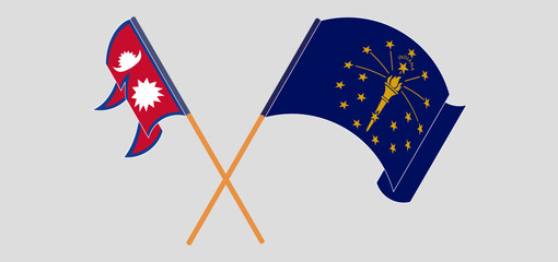 Crossed and waving flags of Nepal and the State of Indiana