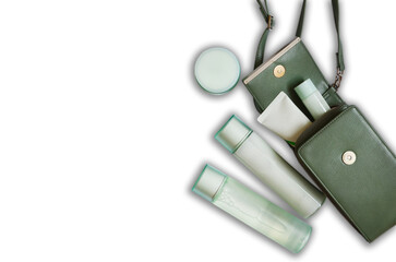 cosmetic bottle containers, blank label for branding mockup, natural organic beauty products pastel green color, eco friendly face skin care, set creams composition in womens leather green trendy bag