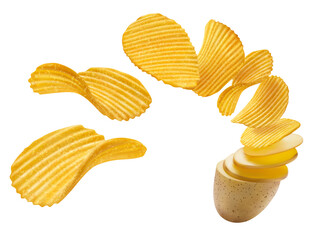 Realistic potato turning into ripple wavy chips - obrazy, fototapety, plakaty