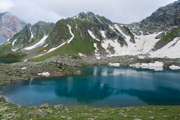 Lake with blue water surrounded by mountains.