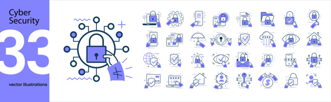 Concept illustration set. Collection of different security scenes and situations. Human hands with icons and images. Secure web traffic, rights of access, secure file sharing, virtual private network