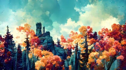Obraz na płótnie Canvas mountain autumn landscape pine trees near valley and c 