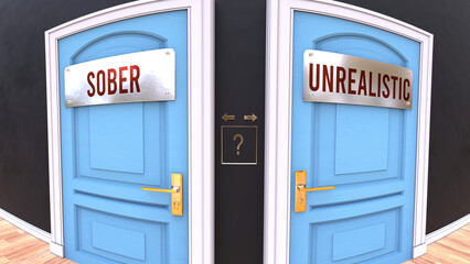 Sober or Unrealistic - a choice. Two options to choose from represented by doors leading to different outcomes. Symbolizes decision to pick up either Sober or Unrealistic.,3d illustration