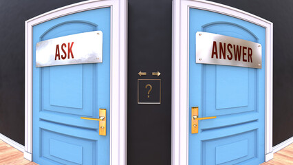 Ask or Answer - a choice. Two options to choose from represented by doors leading to different outcomes. Symbolizes decision to pick up either Ask or Answer.,3d illustration