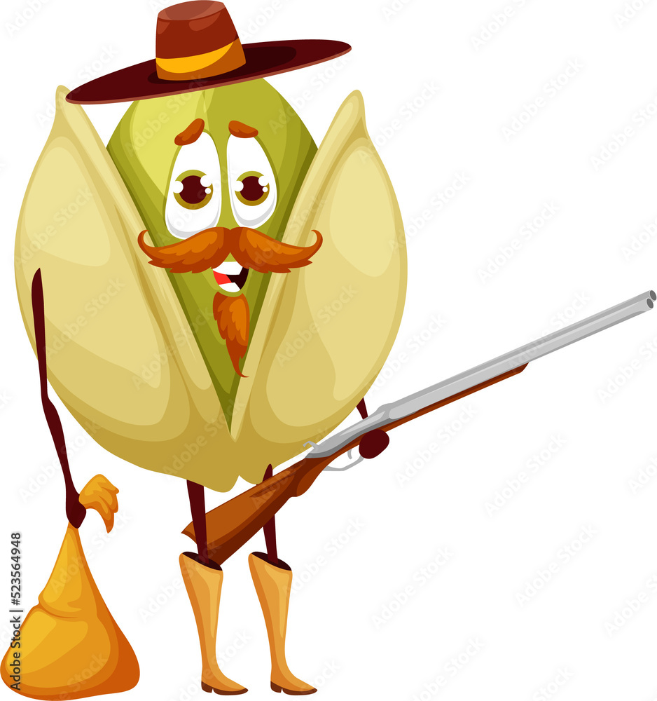 Sticker cartoon pistachio nut bandit character with rifle