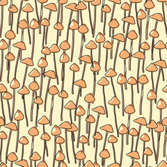 Seamless pattern of mushrooms on a beige background. The poisonous forest mushroom Pholiotina smithii. Hand drawn doodle with splashes of color added. Vector.