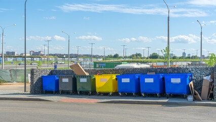 Garbage containers for garbage segregation on the street. Colored designations of garbage...