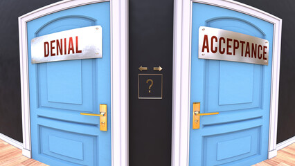 Denial or Acceptance - a choice. Two options to choose from represented by doors leading to different outcomes. Symbolizes decision to pick up either Denial or Acceptance.,3d illustration