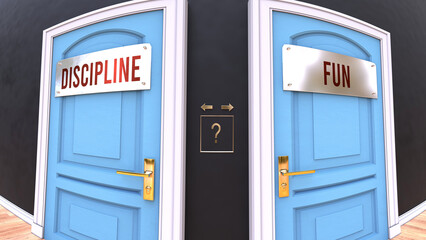 Discipline or Fun - a choice. Two options to choose from represented by doors leading to different outcomes. Symbolizes decision to pick up either Discipline or Fun.,3d illustration