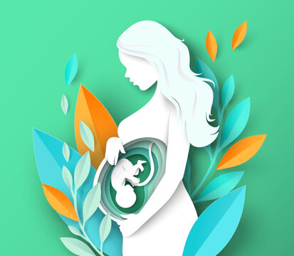 Pregnant woman with baby fetus paper cut vector