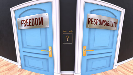 Freedom or Responsibility - a choice. Two options to choose from represented by doors leading to different outcomes. Symbolizes decision to pick up either Freedom or Responsibility.,3d illustration