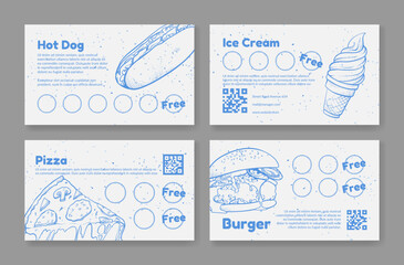 Fast food and dessert sketch monochrome loyalty card set vector illustration