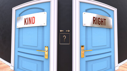 Kind or Right - a choice. Two options to choose from represented by doors leading to different outcomes. Symbolizes decision to pick up either Kind or Right.,3d illustration