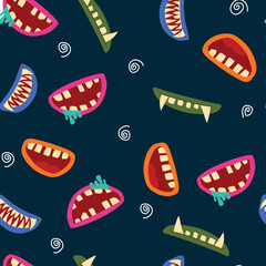 Zombie, clown and vampire cartoon monster mouths seamless pattern. Halloween horror background with vector smiles of scary beasts and angry demons, drool jaws, bloody teeth and tongues with saliva - obrazy, fototapety, plakaty