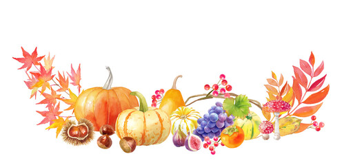 サンクスギビングデー、ハロウィンの装飾水彩イラスト。フレームデザイン。カボチャや栗、柿、ぶどうの収穫。（透過背景） 