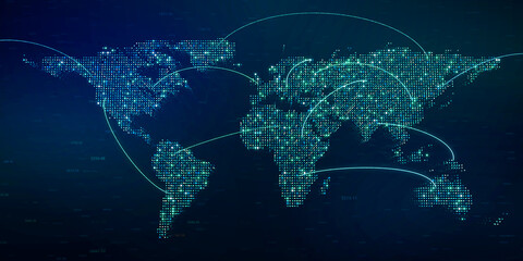 Global internet connection on digital Earth map, modern world data connectivity technology concept, 3d rendering business network information