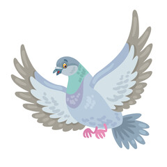Gray dove is flying. In cartoon style. Isolated on white background. Vector flat illustration.