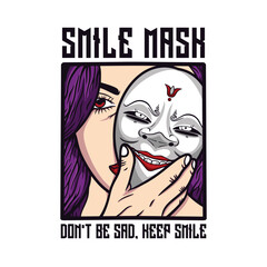 Illustration of smiling mask with sad female characters Vector graphics for t-shirt prints and other uses