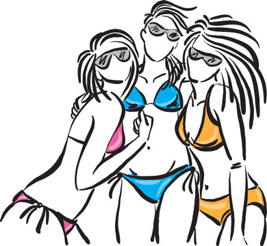 three pretty woman posing in bikini vacations beach concept vector illustration