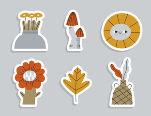Set of vector minimalistic stickers with natural motifs. Mushrooms, Sun, Sunflower, Oak leaf, Vases.