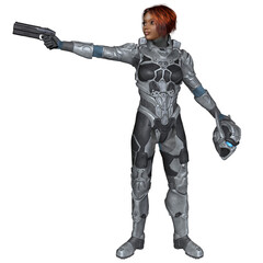 Future Soldier, Black Female with Red Hair, Sideways Shot, 3d digitally rendered science fiction  illustration